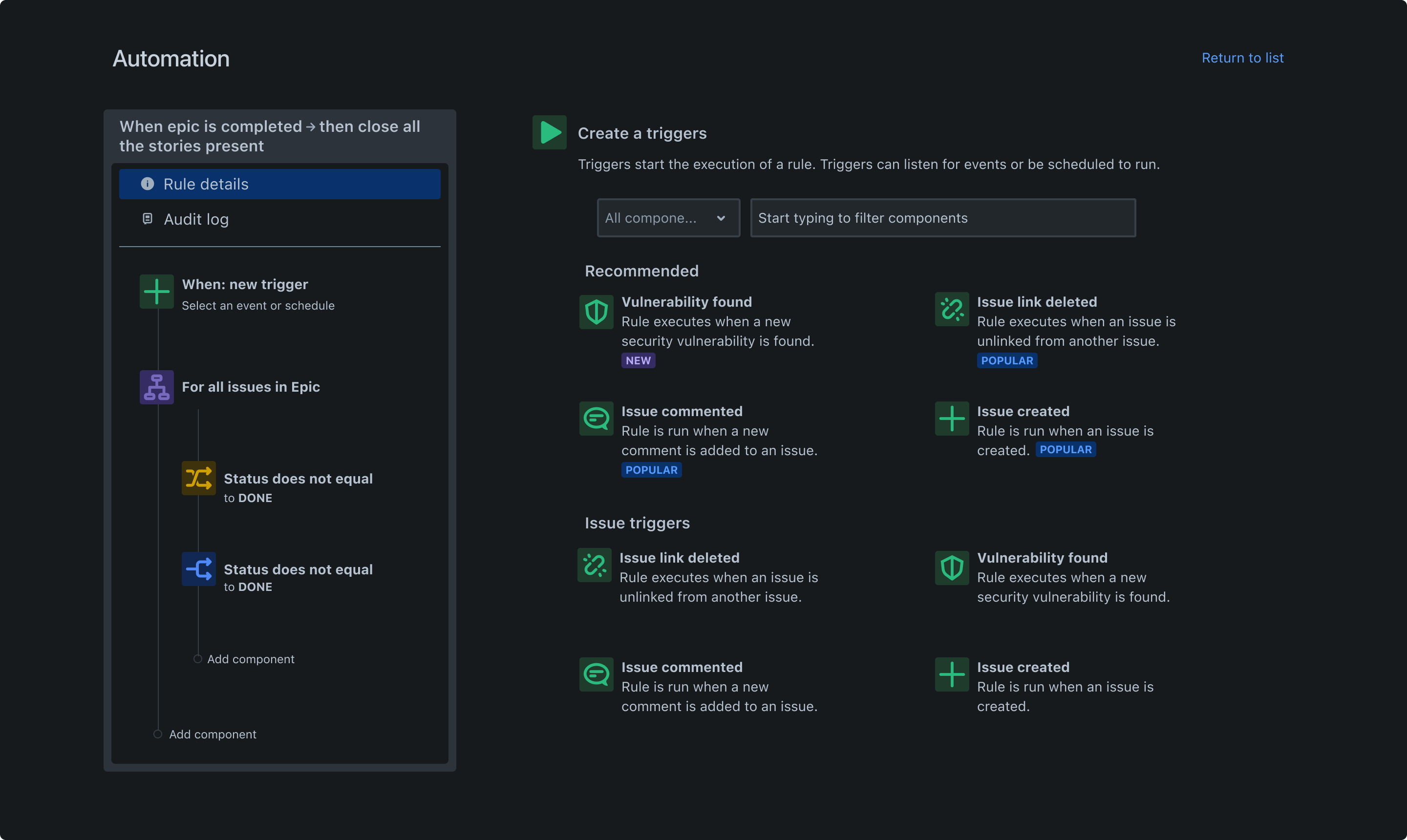 Jira 中的自动化工作流程。例如，当长篇故事完成时，自动化会关闭长篇故事中的所有故事。