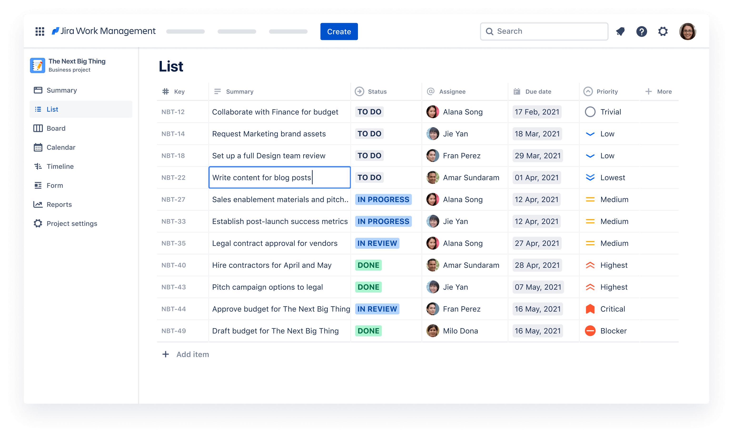 Jira Work Management のスクリーンショット