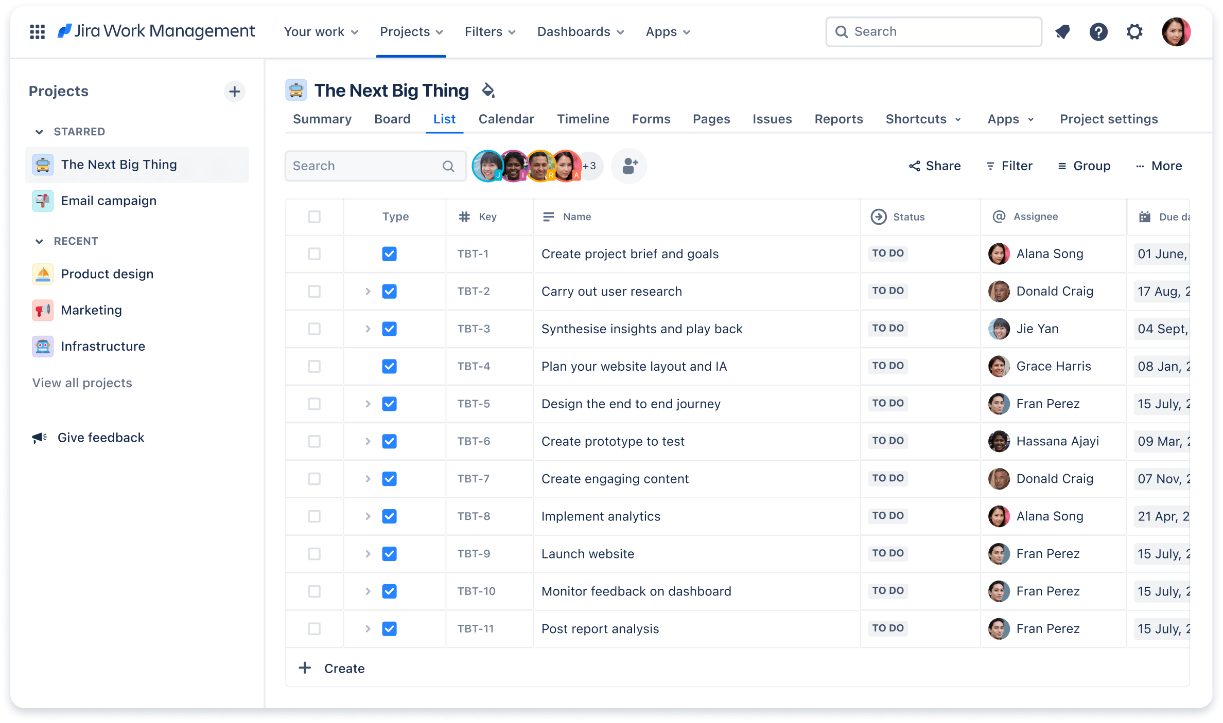 Capture d'écran de la vue Liste de Jira Work Management