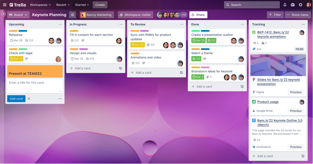 screen shot of Trello board used to track progress of tasks in preparation for a presentation