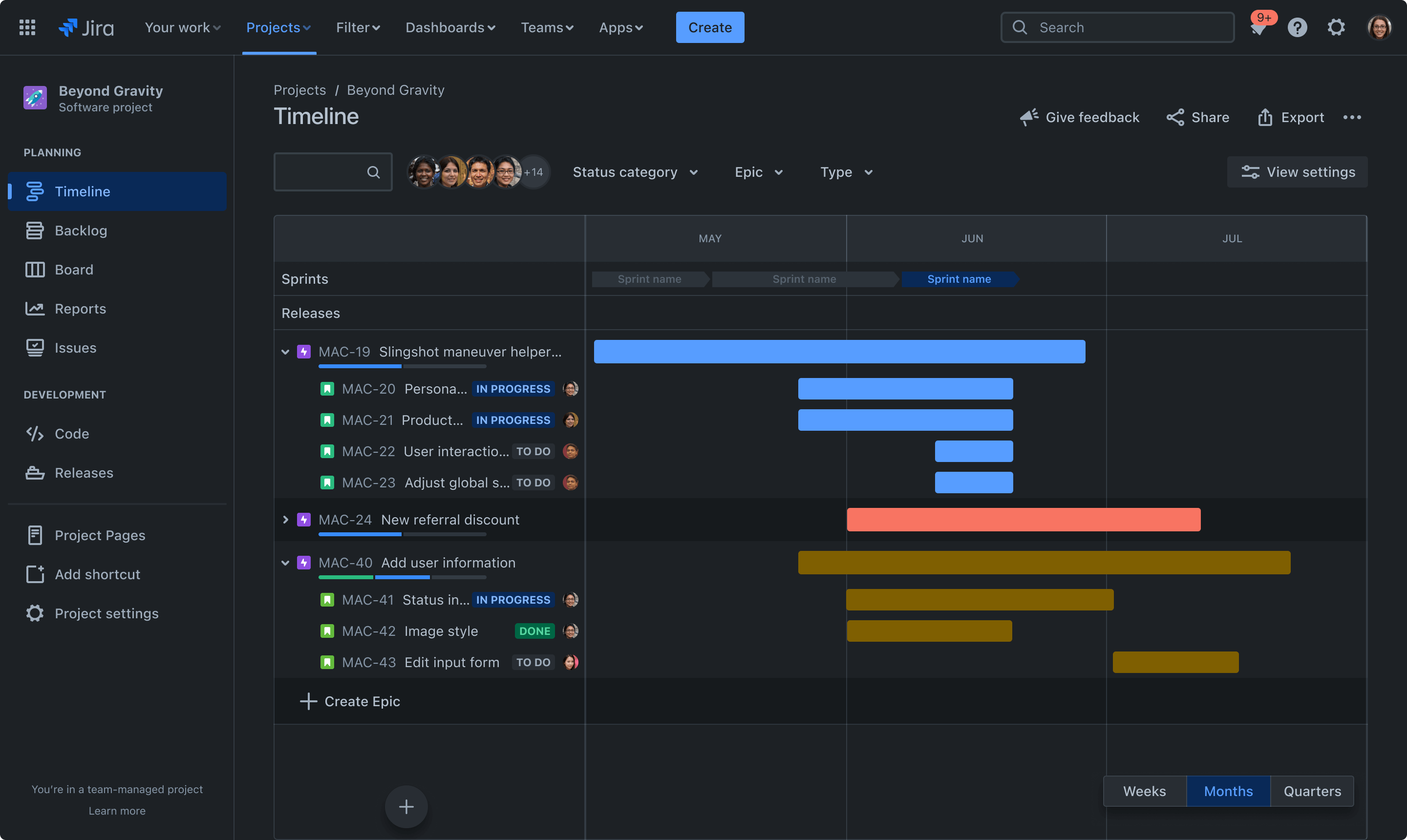 La vue Chronologie de Jira permet aux utilisateurs de suivre leur avancement par sprints en semaines, en mois ou en trimestres. Dans cet exemple, l'état est « par catégorie ».