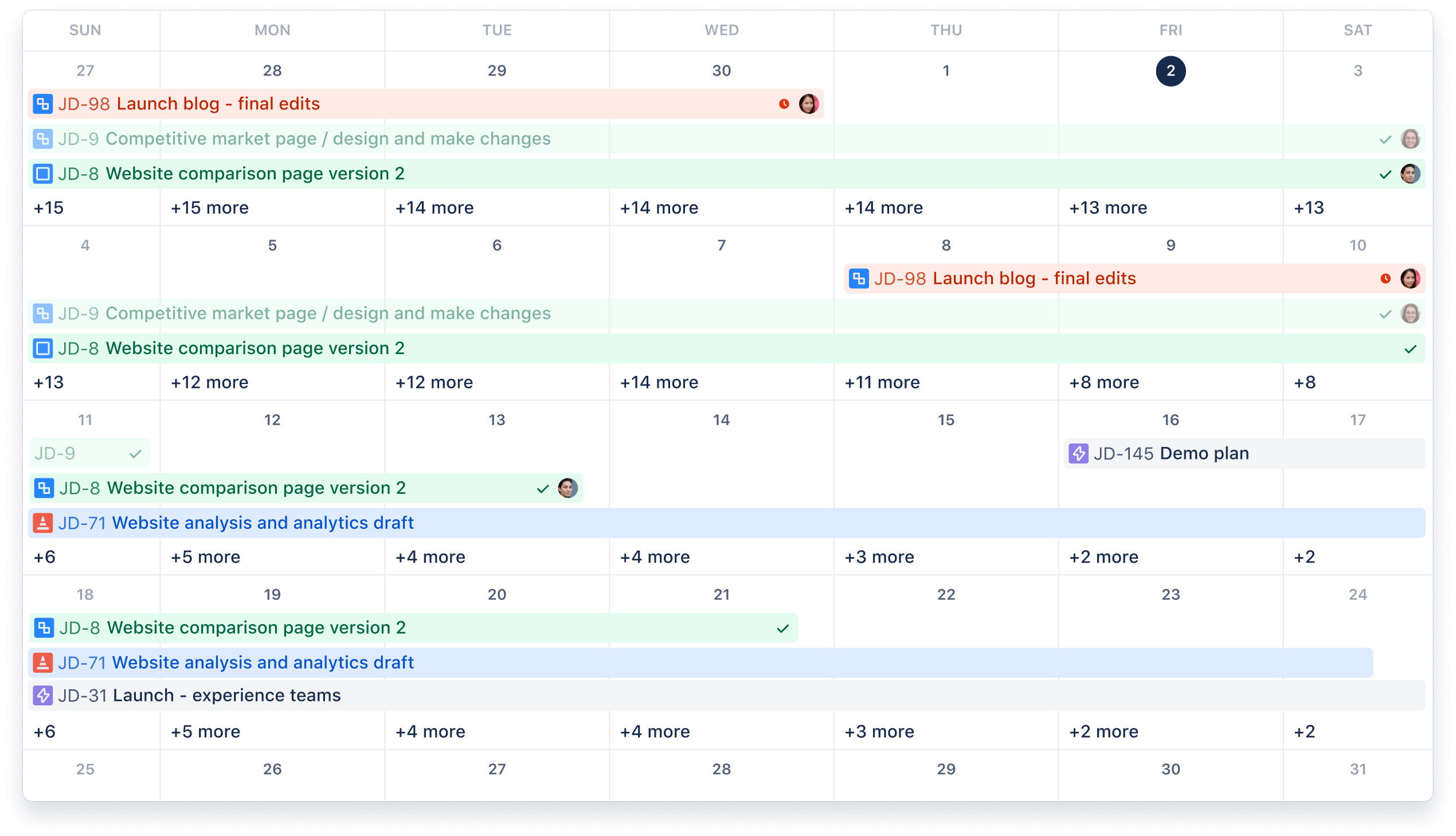 Capture d'écran du calendrier