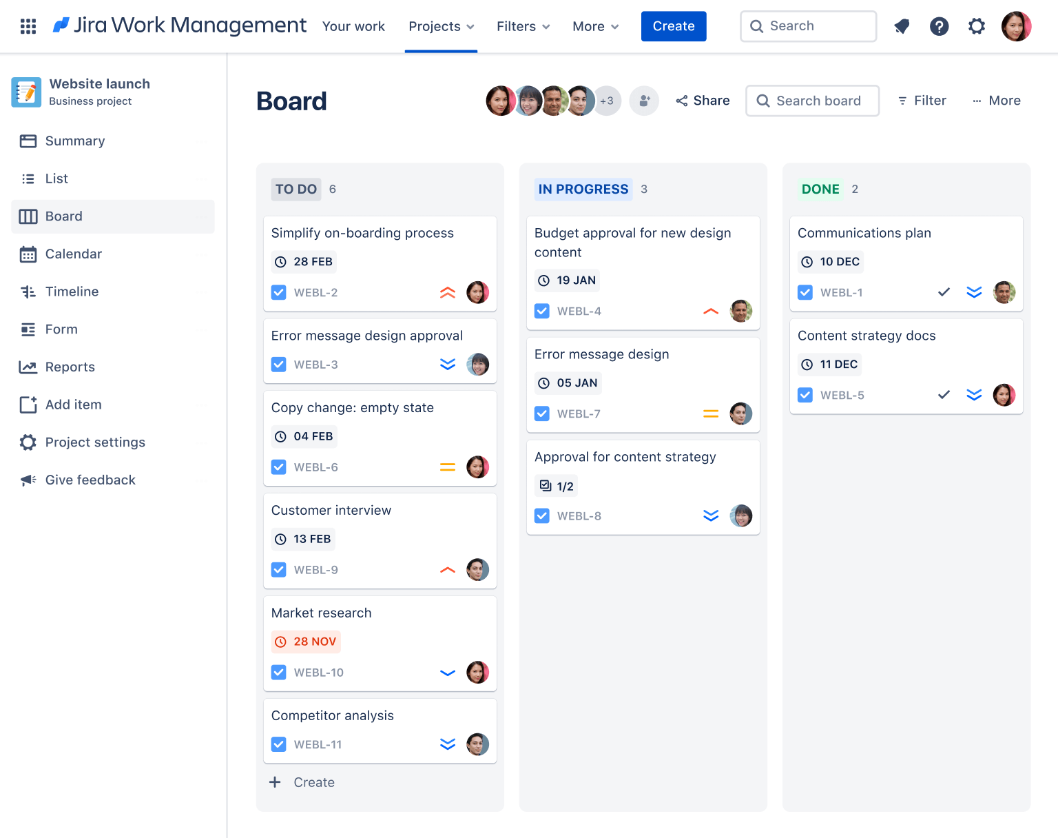 Jira Work Management のカンバン ボードのスクリーンショット